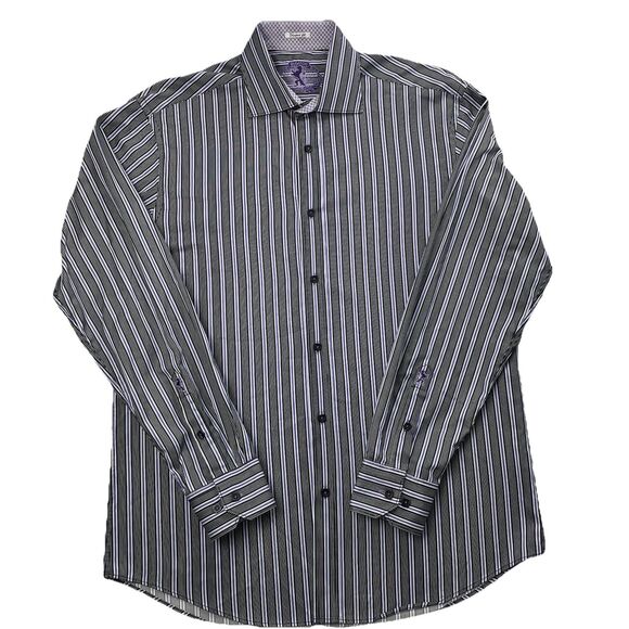 Bugatchi Uomo Mens Striped Long Sleeve Button Up Black Purple Shirt-L - Picture 2 of 12